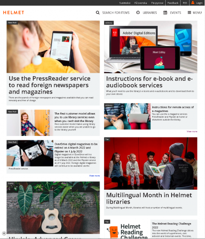 Screenshot from Helmet.fi web library front page