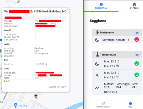 On the left: a map with main health info of a patient; on the right: the dashboard with significant info about the patient wellbeing