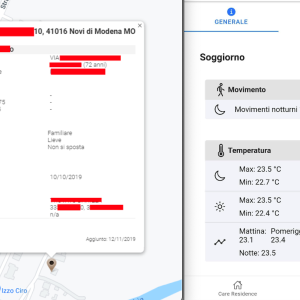 On the left: a map with main health info of a patient; on the right: the dashboard with significant info about the patient wellbeing